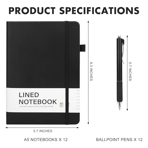 Aodaer 12 Set Lined Notebook Journals with Pens A5 Notebooks 100 GSM College Ruled Hardcover Notebook PU Leather Notepad with Pen Holder for Office School, 5.7 x 8.3 Inches, Black