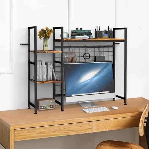 YBING Desk Shelf for Top of Desk Hutch - 4 Tier Computer Bookcase, Brown Wood Desktop Display Storage Rack Organizer for Home Office, Dorm