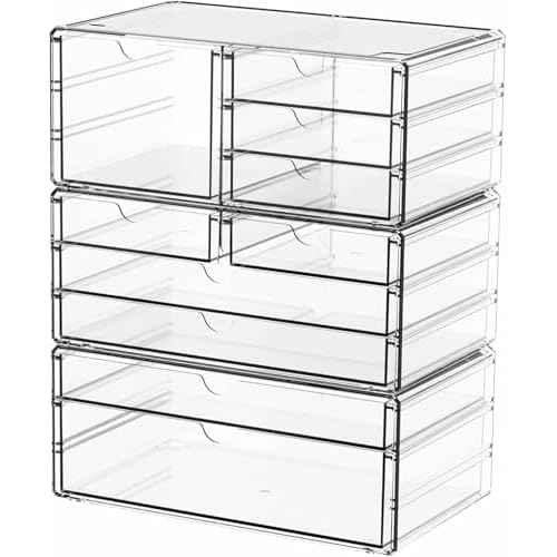 Yieach 3Pack Clear Drawer Organizers Stackable,Acrylic Storage Drawers With 10 Drawers,Multipurpose Office Supply Organizer and Makeup Organizer for Beauty,Craft,Pen,Medical,Stationary Desk Organizers
