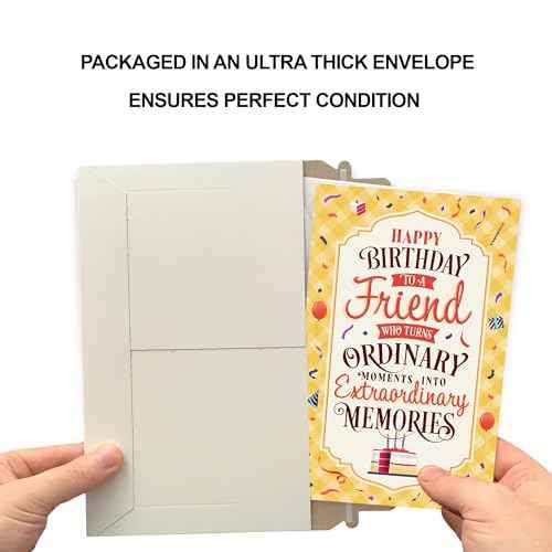 Prime Greetings Friend Birthday Card, Made in America, Eco-Friendly, Thick Card Stock with Premium Envelope 5in x 7.75in, Packaged in Protective Mailer