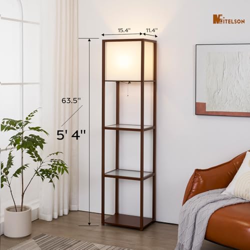 Floor Lamp with Shelves, Modern Shelf Lamps with Tempered Glass, Standing Lamp with LED Bulb, Display Corner Shelf with Lights for Living Room, Bedroom, Office,Walnut Brown