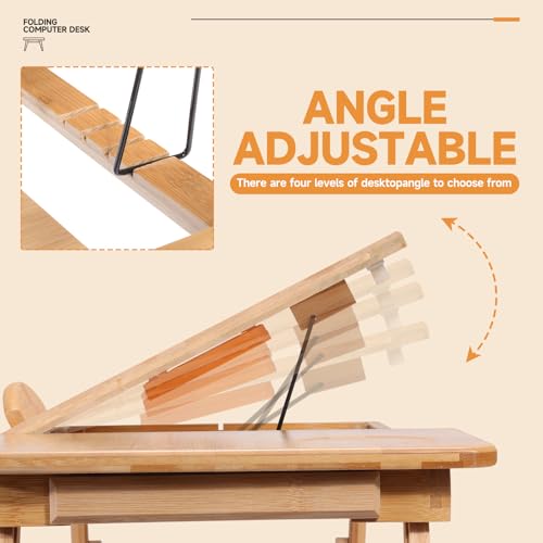 Adjustable Bamboo Laptop Desk with Cooling Fan, Foldable Bed Tray for Work & Dining