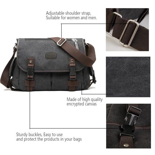 [Upgraded] Vintage Canvas Messenger Bag 13 15.6 17 inches Large Book Laptop Shoulder Bag Women Men New (Black, Large)