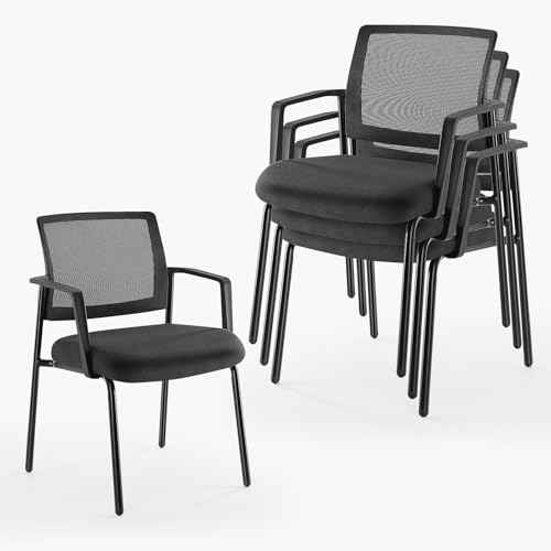 DUMOS Black Stackable Arm Chairs with Mesh Back and Upholstered Fabric, Sturdy Metal Frame, Easy to Store and Use, Perfect for Indoor and Outdoor Spaces, 1 Chair