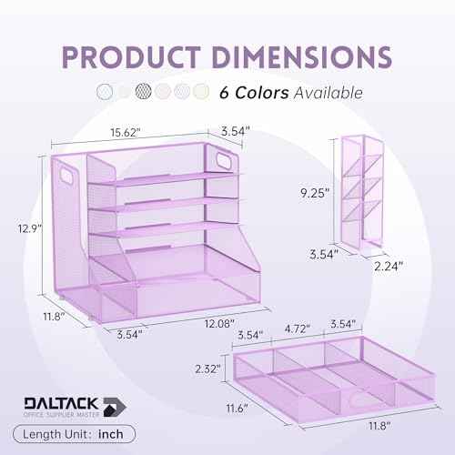 DALTACK Mesh Desk Organizer, 5-Tier Paper Letter Tray with File Holder & Pen Holder & Sliding Drawer, Desktop Organizer and Storage for Desk Accessories Office Supplies, Purple