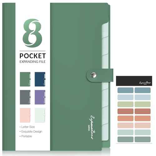 Sooez Elegant Accordion File Organizer, 8 Pocket Expanding File Folders with Labels, Portable Folder for Documents, Cute Paper Organizer for School Office Supplies, Letter Size, Dark Green