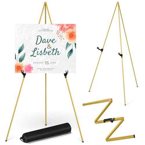 Display Artist Easel Stand - 63" Instant Tripod Collapsible Portable Floor Easel - Easy Folding Adjustable Art Poster Metal Stand for Display Show, Wedding, Painting - Gold