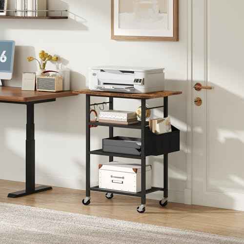 4-Tier Printer Stand, Rolling Printer Table on Wheels, Industrial Storage Stand with Side Pocket, Wooden Tabletop, 2 S-Shaped Hooks, for Home Office, Rustic Brown and Black PTHR2601