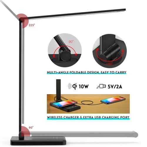 LED Desk Lamp with Wireless Charger, USB Charging Port, 10 Brightness, 5 Color Modes, Desk Lamps for Home Office, Dimmable Table Lamp Eye Caring Reading Light, Touch Control, Auto Timer, Black
