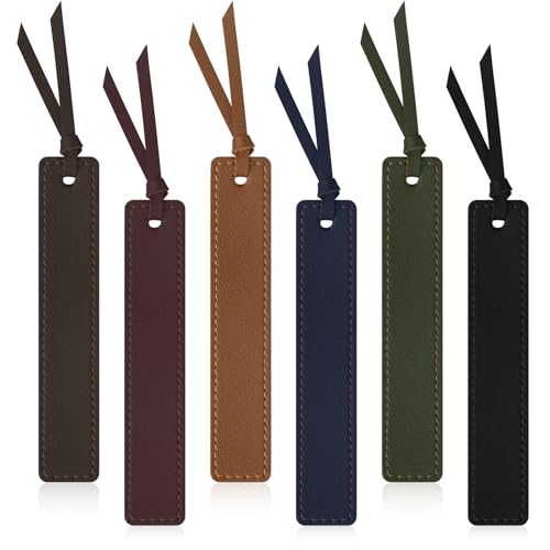 Leather Bookmark, 6 Pcs Classic Style Bookmark for Men, 0.05 Inches Thin Handmade Stitched Book Mark, Book Marks for Reading, Gifts for Book Lovers School Students (Dark Retro)