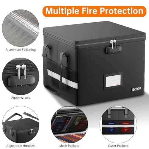 ENGPOW 5200¡ÆF Fireproof Document Box with Lock, Heat Insulated Collapsible File Storage Organizer with Handle, Portable Home Office File Cabinet for Hanging Letter/Legal Size Folder, Black