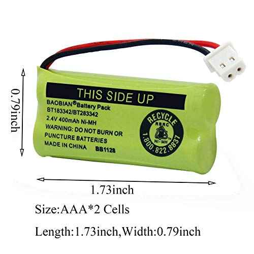 BT183342/BT283342 2.4V 400mAh Ni-MH BT166342/BT266342 BT162342/BT262342 Rechargeable Cordless Phone Battery CS6709 CS6609 CS6509 CS6409 EL52100 EL50003 (2 Pack)