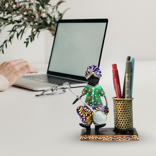 Hastvikas Handcrafted Metal Pen Holder with Tribal Musician Figurine | Decorative Desk Organizer for Office, Study Table & Home Décor | Compact Stationery Stand (Green)