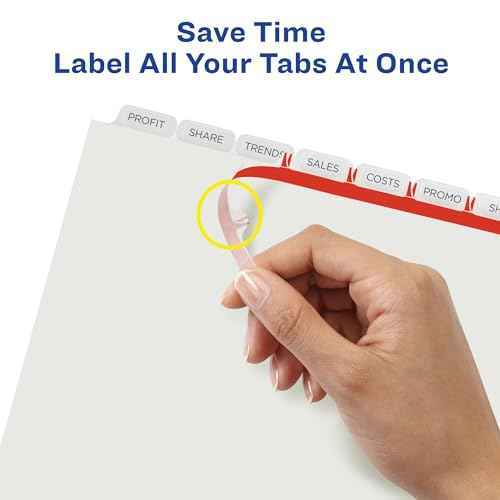 Avery 8 Tab Plastic Dividers for 3 Ring Binder, Easy Print & Apply Clear Label Strip, Index Maker Customizable Frosted White Tabs, 5 Sets (12450)