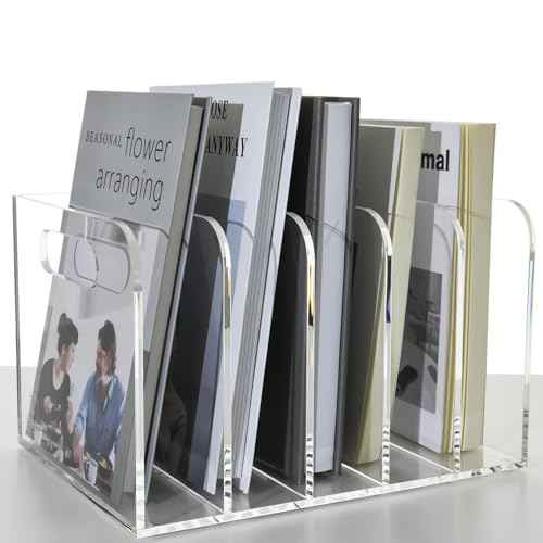 Clear Acrylic Organizers - 5 Vertical Compartments Acrylic Folder Organizer & File Organizer, Desk Document Storage Bins for Magazines, Binders - Multipurpose Home Office Desk Organizer