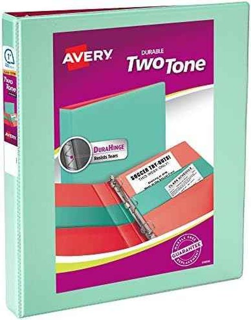 AVERY Two-Tone Binder 3 Ring 1 Inch Mint/Coral | Durable View | Slant Rings | 4 Interior Pockets | Pack of 6