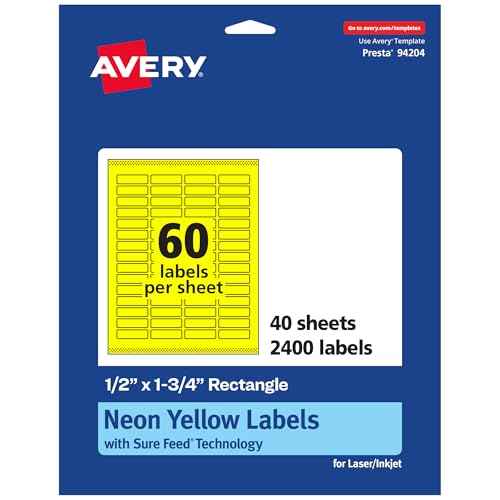 Avery Printable Rectangle Labels, Sure Feed Technology, 1/2" x 1-3/4", Neon Yellow Labels, Print-to-The-Edge, Laser/Inkjet Printable, 2,400 Total, Great for Jars and More
