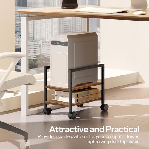 HOOBRO CPU Stand 2-Tier On-Wheels, Height-Adjustable Floor PC Tower Holder in Rustic Brown/Black
