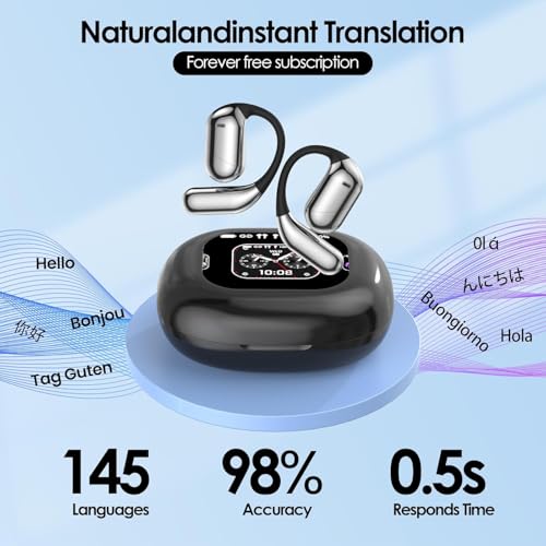 AI Language Translation Earbuds, OWS LCD Touchscreen Real-Time Translator for 144 Languages & Accents Includes Free Subscription Translation Device Earphones for Travel Business Learning, Black 1