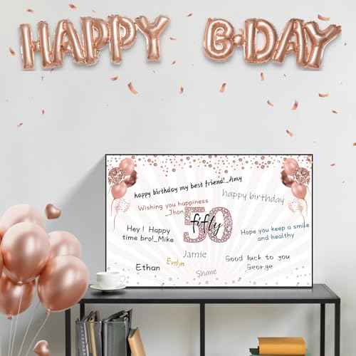 Large 50th Birthday Card for Women with Envelope, Black Rose Gold Happy 50th Birthday Guest Book Gifts Jumbo Fifty Greeting Card Back in 1975 Decorations Party Supplies