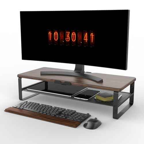 Monitor Stand for Desk, 2-Tier Monitor Stand Riser with Phone Holder and Cable Management - Desk TV Shelf, Laptop Printer, Desk Organizer Stand, for Home & Office (Wood Brown)