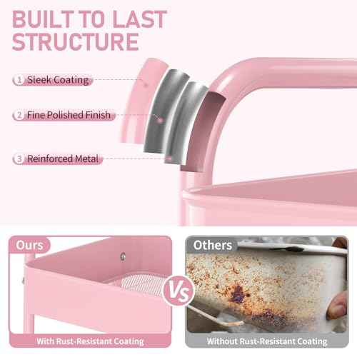 TOOLF Metal Utility Cart£¬3 Tier Rolling Cart wth 4 Hooks Storage Cart on Wheels Craft Cart with Handle for Organizer Storage for Classroom Office Dorm Home Pink