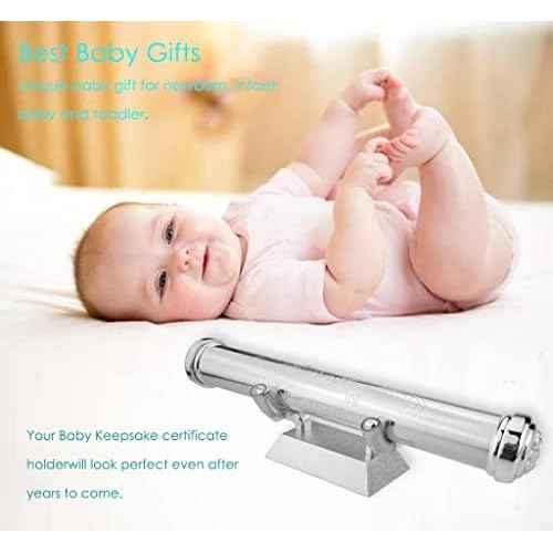 RUMUISE Birth Certificate case with Stand Set, Certificate Display Stand for Home Decor, Metal Holder for Small Scroll, Silver Plated Baby Keepsake Gift, Scroll Storage Tube for Baptism Decoration