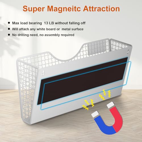 MFTEK Magnetic File Holder, 2 Pockets Wall File Folders Holder No Drilling Magnetic Paper Mail Organizer Magazine Basket, Hanging Storage Rack for Fridge Cabinets Office Classroom(White)