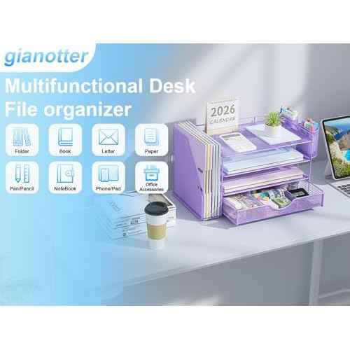 gianotter Desk Organizers and Accessories with File Holder, 4-Tier Desk Accessories & Workspace Organizers with Drawer and 2 Pen Holder, Paper Organizer for Office Supplies (Purple)