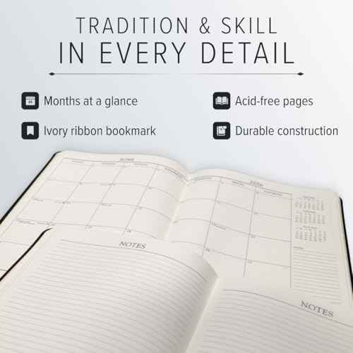 Gallery Leather Large Monthly Planner 2025-2026, Elegantly Bound Calendar Planner and Notebook with Stylish Gold-Gilded Page Edges, 18 Months - Acadia Black - 9.75x7.5"