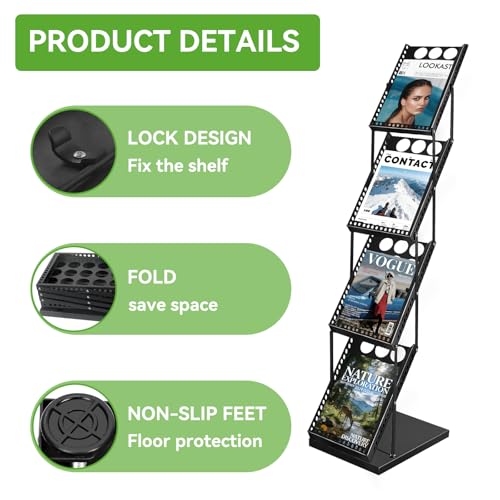 YDisplay 4-Tier Foldable Magazine Rack with Reinforced Base for Trade Shows & Office Display