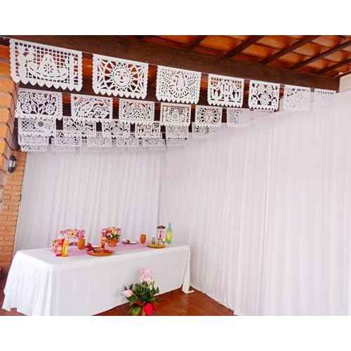 Mexican Flags Bulk White Papel Picado Banner Pack - Over 120 feet, Made from Elegant White Tissue Paper with a Mexican Spring Theme of Flowers, Birds, Suns and Butterflies.