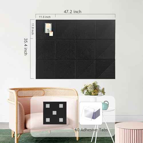 Large Cork Board for Walls 48"x 36", 12 Pack Felt Wall Tiles with Safe Removable Adhesive Tabs, Cork Board for Office,Pinboard Bulletin Board - Black