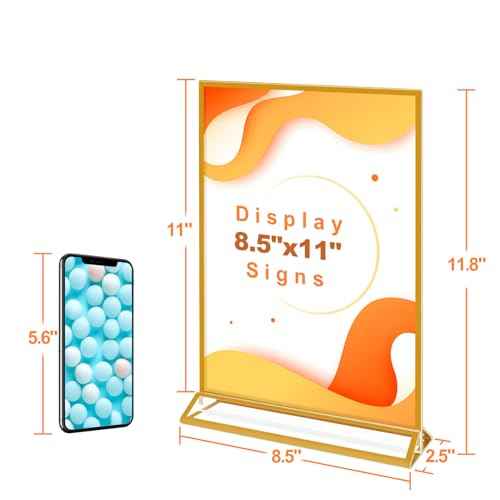 6 Pack Acrylic Sign Holder 8.5 x 11 Inch Gold, Double Sided Clear Display Stand for Wedding Table Numbers, Menu Holder, Picture Frame, Plastic Gold Sign Holder for Office, Restaurant, Party