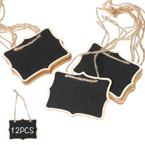 Mini Wooden Chalkboard Signs - 12 Pack Small Hanging Blackboard Labels for Party Buffet Food Name Tags