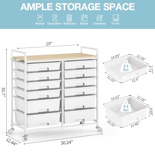 TOOLF White 12-Drawer Rolling Cart with Wooden Top – Studio/Classroom Storage