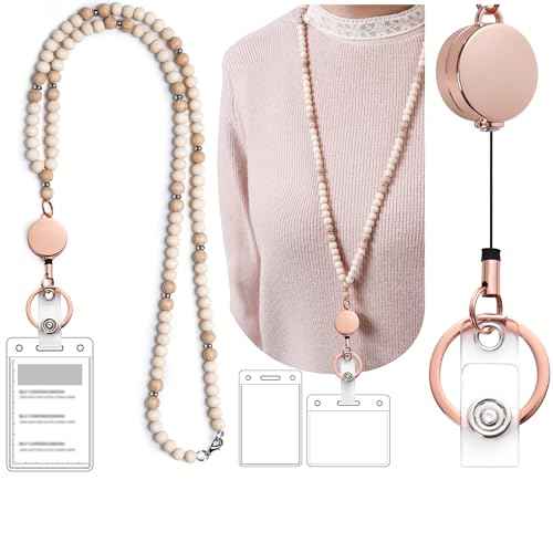 POPLOPP Lanyards for Id Badges for Women, Cute Teacher Lanyard with ID Holder and Retractable Badge Reel for Keys, Wooden Beaded Keychain Lanyard