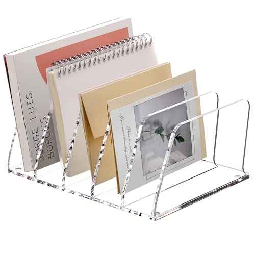 SANRUI Acrylic File Organizer for Desk, Clear 5-Section Vertical File Folder Holder Stand File Sorters, Mail Envelope Document Organization Rack Bookshelf for Office, Home, Classroom
