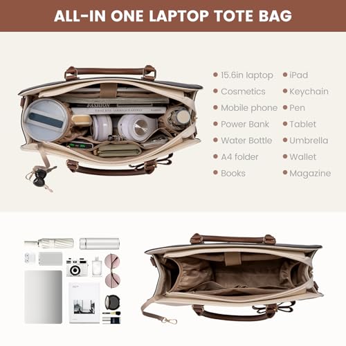 LOVEVOOK 15.6 Inch Leather Laptop Tote Bag for Women, Waterproof Office Work Bag, Black-White-Brown