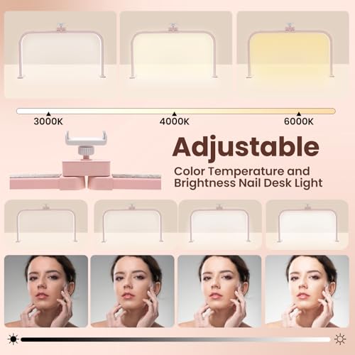 Half Moon Light for Nail Desk Lamp Nail Tech Lamp Foldable Arch Light, 3 Color Temperature Led Desk lamp for Lash Tattoos Beauty Pink