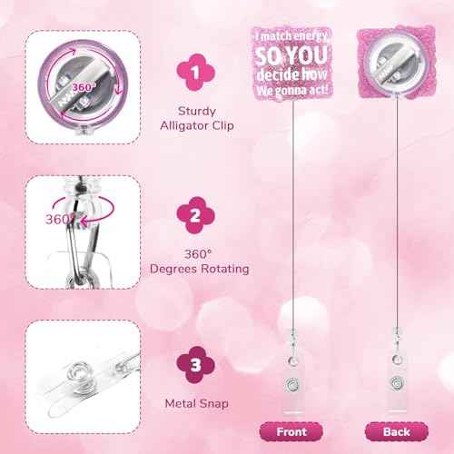 Namifin Retractable Badge Holder Retractable Badge Reels Lightweight Badge Reel with ID Clip for Nurse, Work, Office Workers, Nurses, Nursing, Doctor Supplies Gifts (I Match Energy - Pink)