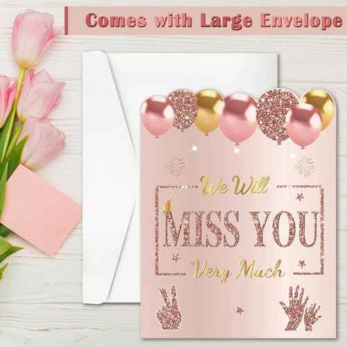 Retirement We Will Miss You Greeting Card for Coworkers Women, Pink Rose Gold Guest Signature Book Gifts, Good Luck Blessing Greeting Card for Going Away Farewell Decorations Party Supplies