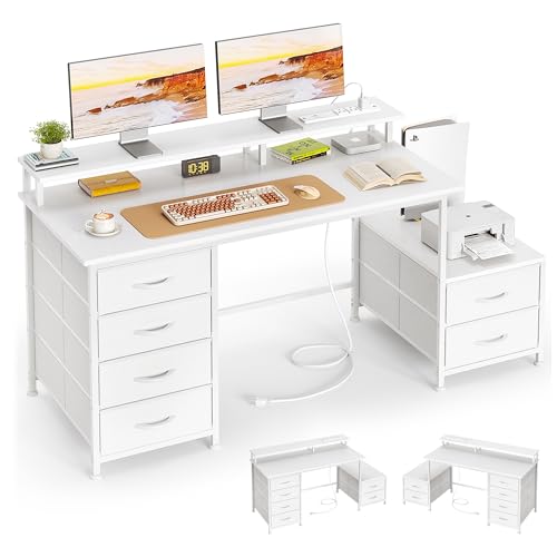 52 Inch White Office Desk with 6 Storage Drawers, Reversible Printer Shelf & Power Outlets