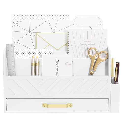 Bamboo Desk Organizer Mail Holder Countertop Wood Desk Drawer Tabletop Storage Box Pen Holder Letter Sorter Makeup Organizer for School Home Office Supplies with Pen Holder White