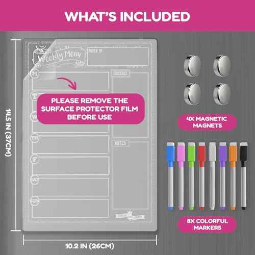 CHALKY CROWN Acrylic Magnetic Weekly Planner for Fridge - Menu Board for Kitchen with 8 Magnetic Markers - Weekly Meal Planner for Fridge with Grocery List & Notepad - Menu Planner (14.5x10.2)