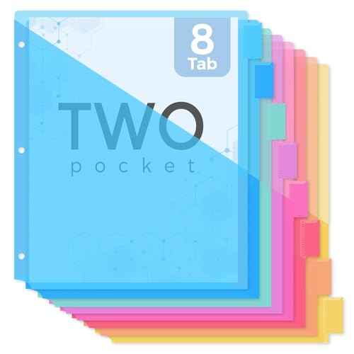 SKYDUE Binder Dividers with Tabs and Pockets,8 Tab Dividers for 3 Ring Binder, Plastic Binder Dividers with 2 Pockets & 16 Blank Labels, Blue