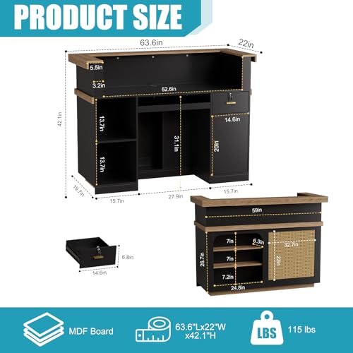 SDMY D-Black Reception Desk with LED Lights, Lockable Drawers & 63.6in Front Table