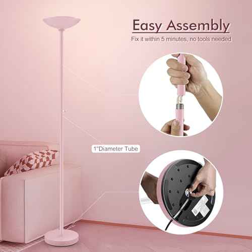 30W Pink Torchiere Floor Lamp, 3600LM Super Bright LED Pole Lamp, 71Inch Tall Stepless Dimmable Torch Lamp, 1Inch Thick Metal Tube, Rotary Switch, Modern Standing Lamp for Living Room/Bedroom/Office