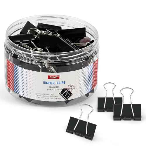 50Pcs Binder Clips Medium, Standard Medium Clips 1-1/4 Inch, Paper Clamps Clips for Office Supplies, Black, Paper Clamps for Document Clamp, File, Wide Metallic, School and Home Supplies