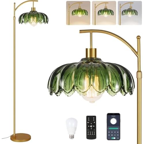 Glass Floor Lamp for Living Room,Bedroom,Mid Century Modern Standing Lamp with Remote,Dimmable Gold Tall Lamp Green Vintage Retro Arc Flower Floor Light Boho Bohemian